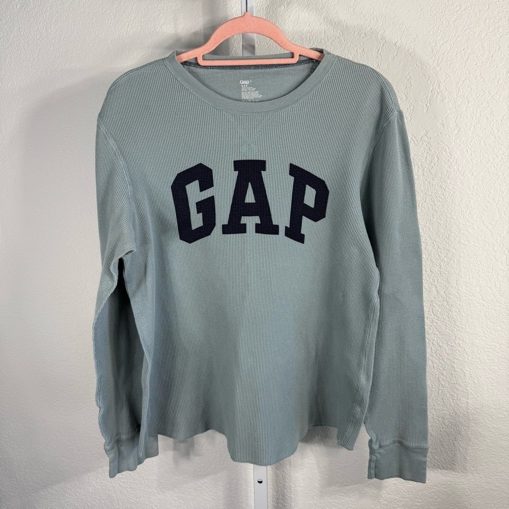 GAP Long Sleeve Blue Waffle Knit Thermal Logo Sweatshirt Pullover Top L Y2K Vibe